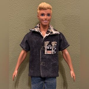 Upcycled ♻️ black/grey denim doll shirt lined in beer print